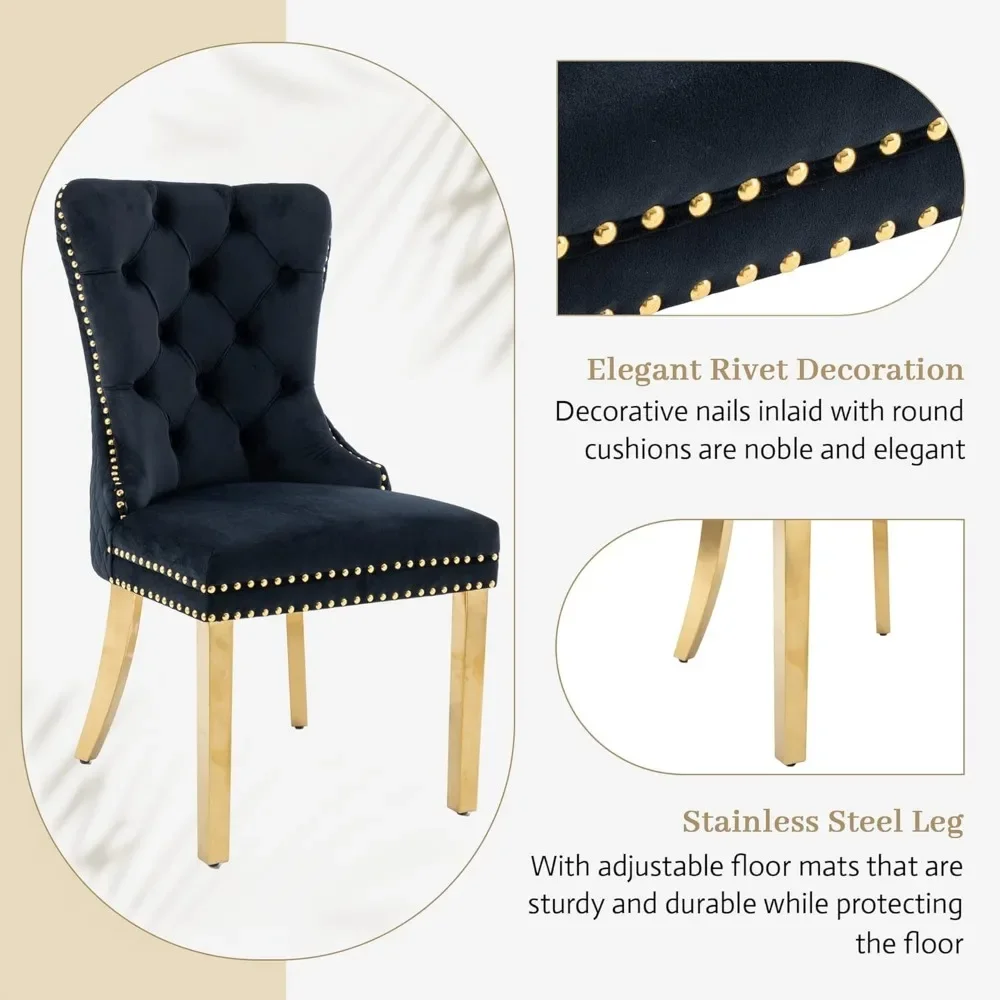 Velvet Upholstered Dining Chairs Set of 4, Modern Button Tufted Chairs with Lion Head Pull Ring and Stainless Steel Legs, Chairs 4