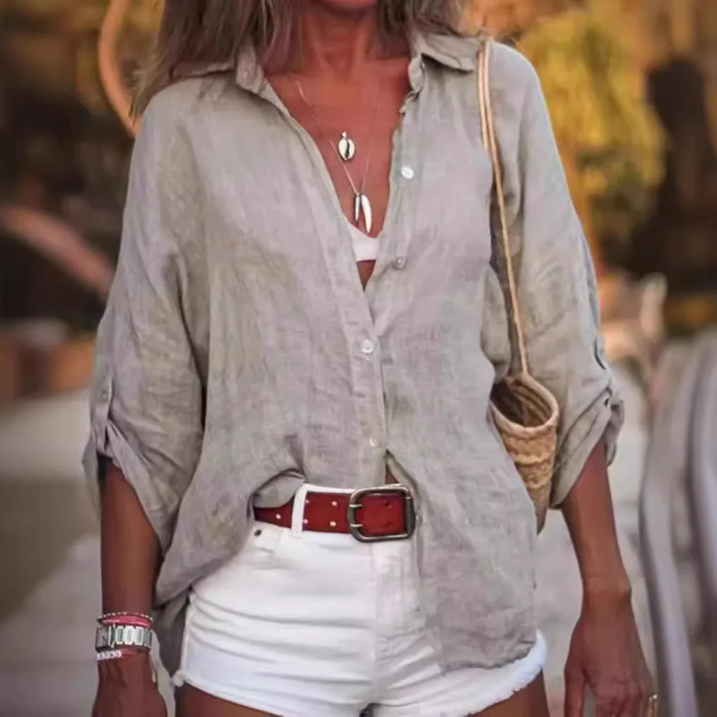 Cotton Linen Women Summer Blouse Shirt