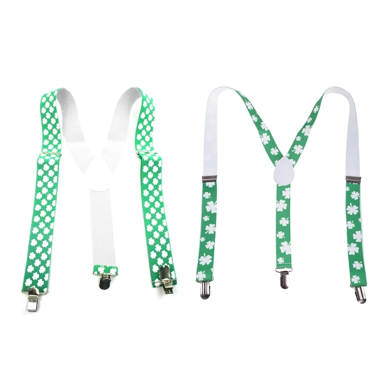 

Irish Festival Saint Patricks Day Y Back Suspenders with Clips Shamrock Clover Print Strap Belt Holiday Party Cosplay Costume
