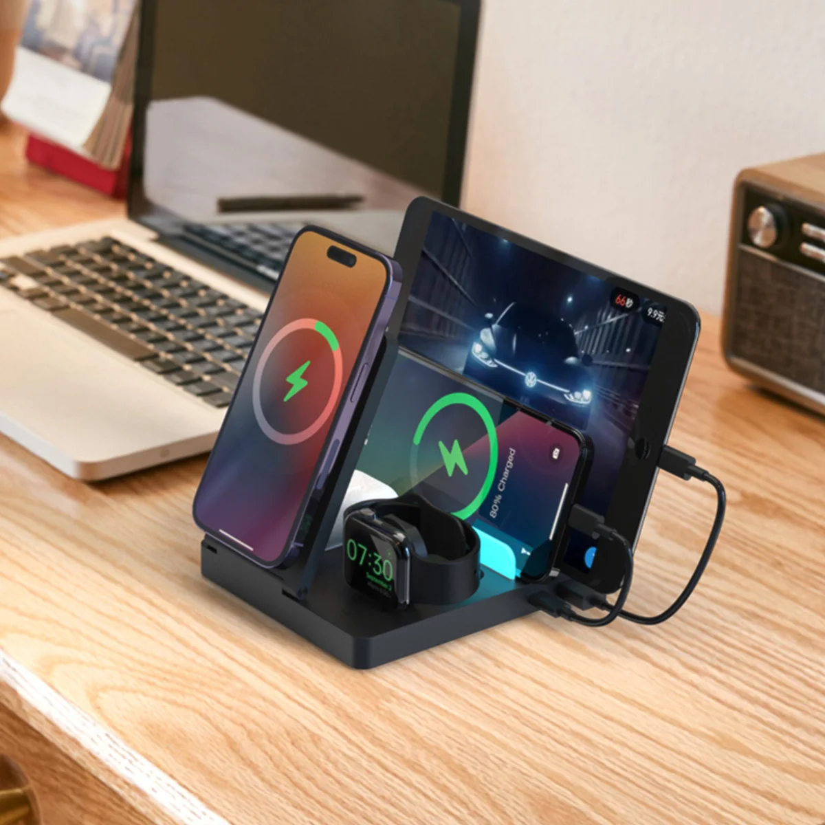 5 in 1 Magnetic Wireless Charger Station Stand USB PD Port LED Light For Magsafe iPhone 16~12 Pro Max Apple Watch AirPods 3 Pro