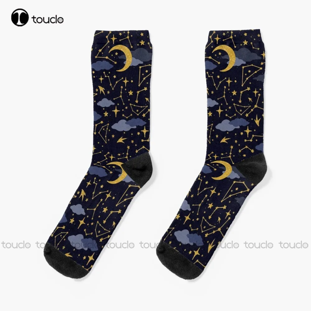 

Celestial Stars And Moons In Gold And Dark Blue Socks Halloween White High Socks Design Happy Cute Socks Creative Funny Socks