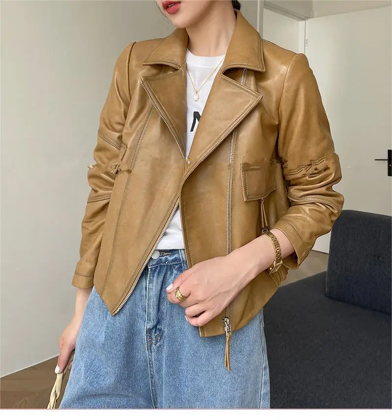 

Leather sheep skin women's short suit collar loose casual coat spring and autumn new motorcycle jacket leather coat