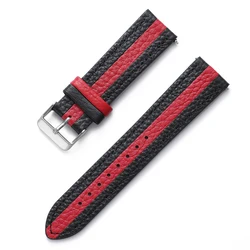 Premium Leather Watch Straps - Elegant Cowhide Bands in Black, Brown, and White - 22mm (Black Red)