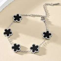 Gold Plated Adjustable Stainless Steel Clover Flower Bracelet - Women's Fashion Jewelry - 16.5cm (Black - silver - bracel)