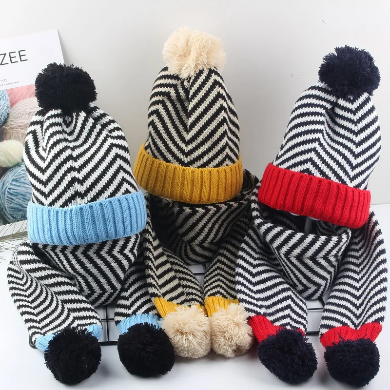 2PCS Set Cute Pompom Knitted Hat Scarf Set for 1-5 Years Kids Striped Beanie Cap Autumn Winter Warm Toddler Bonnet Hats Gorras