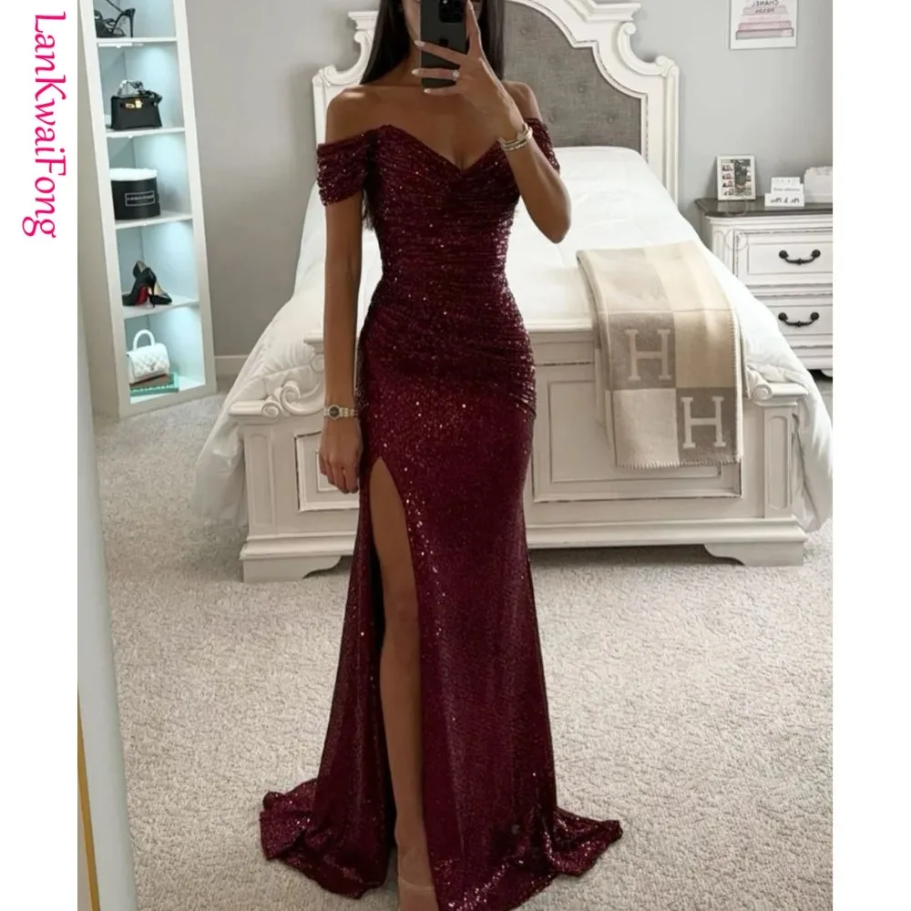 

2024 New Party Sequin One Line Neck Split Dress Evening Leisure Style Slim Fit Fishtail Dress