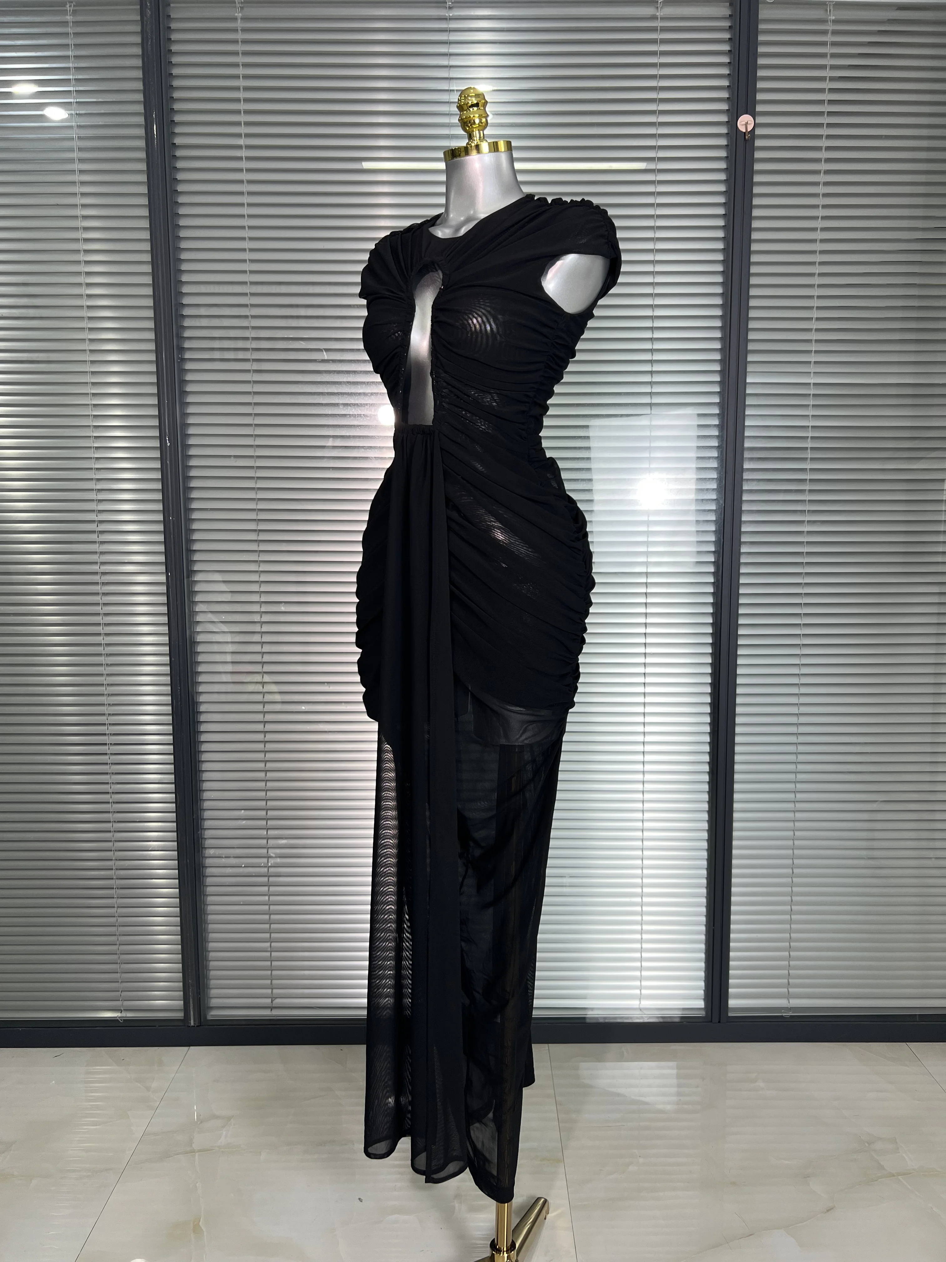 Summer New 2025 Women Celebrity New Sexy Black Lace Mesh Ruched Stretch  Long Bodycon Dress Elegant Evening Party Club Dress - AliExpress 200000345
