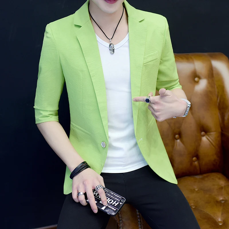 2024 Summer Small Suit Men Korean Version Seven-point Sleeve Top Slim Handsome British Suit Solid Color Sleeve Jacket Thin 4