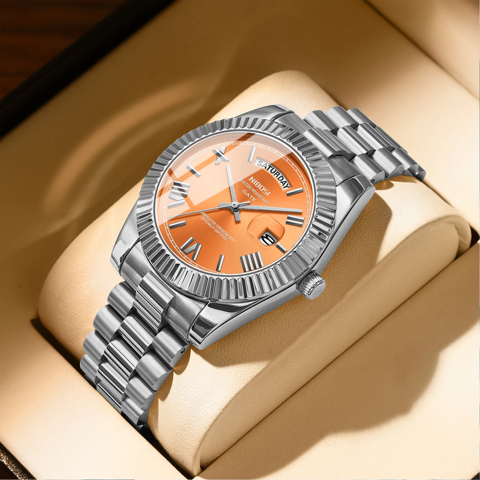 Montre homme NIBOSI luxe quartz acier inoxydable étanche 100m avec cadran lumineux pour pêche