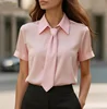 Women's Short Sleeve Blouse With Neck Tie Collar Elegant Office Shirt 1 Women's Short Sleeve Blouse With Neck Tie Collar Elegant Office Shirt 1