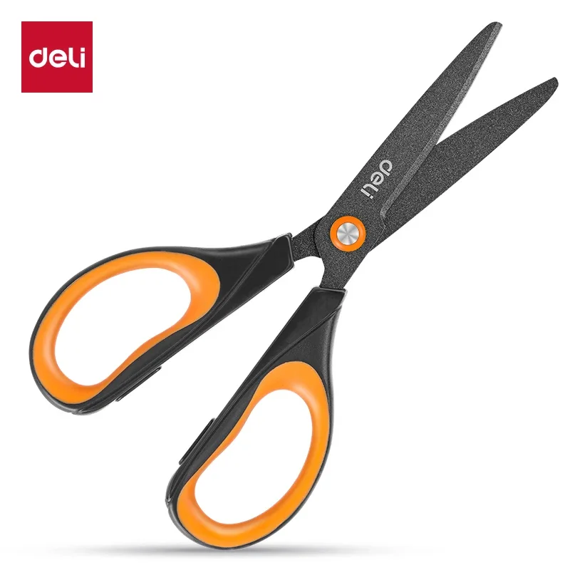 Deli 6055 Teflon Scissors Anti Rust Anti Adhesive Black Blade Sharp Office And Learning Supplies Tijeras Para Manualidades paper cutter stationery scissors soft handle scissors portable scissors cutter black blade scissors