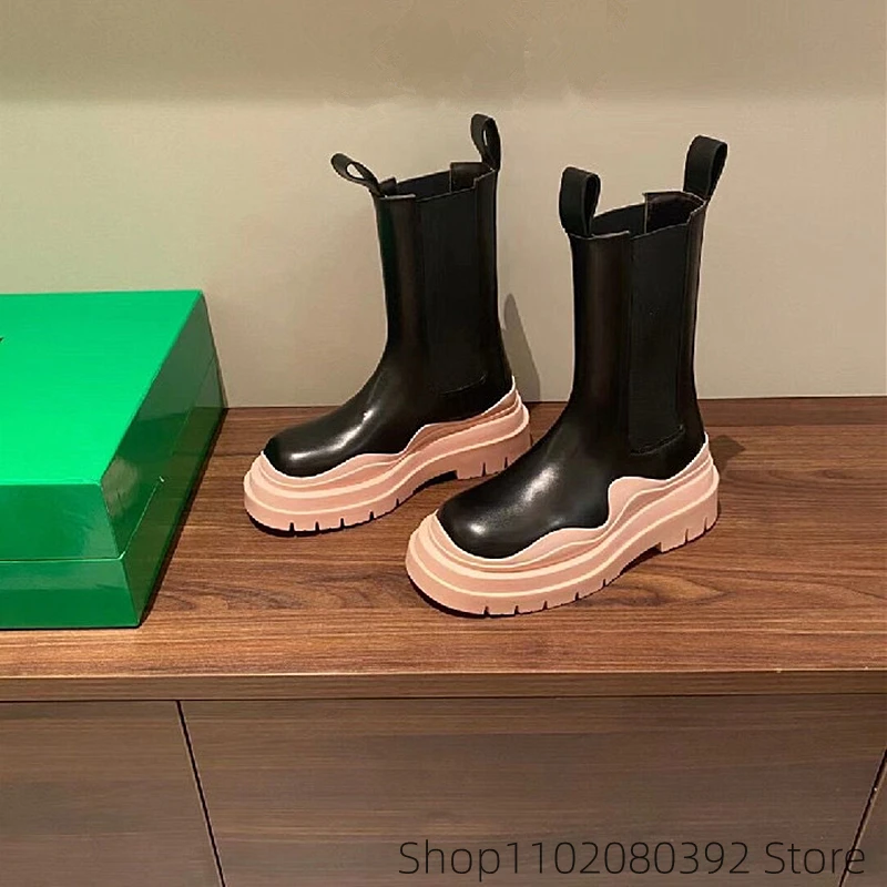 Bblack Autumn Winter Platform High Women Boots Nude Boots Flat Green Short Elastic Band Chelsea BOTTEGA- Rain