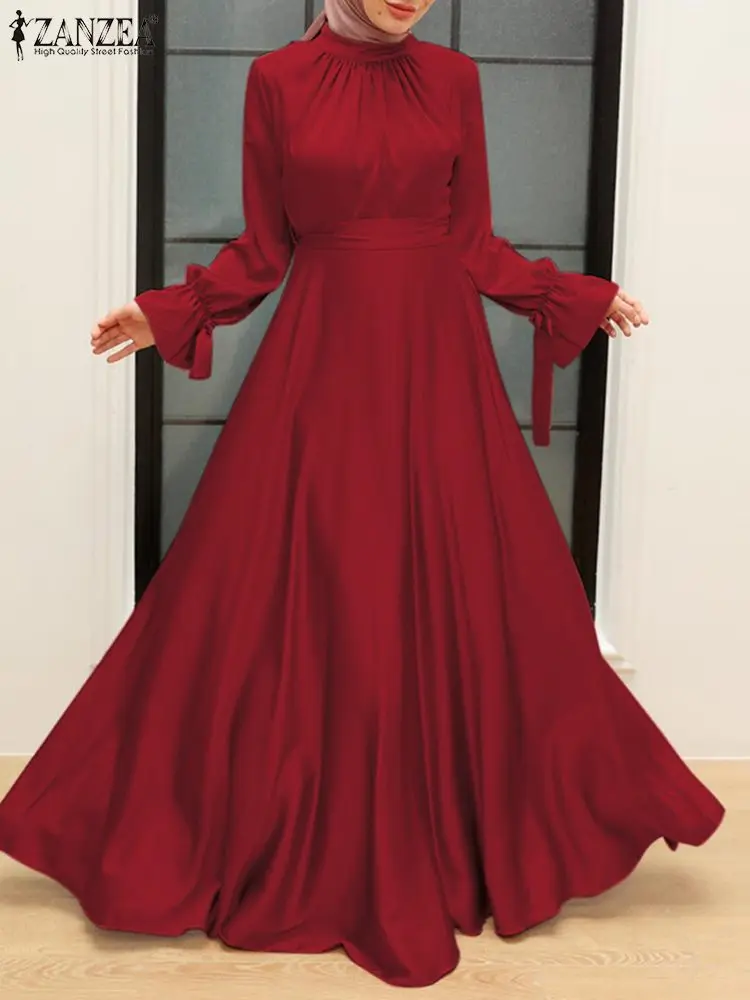 2023 ZANZEA Spring Women Satin Sundress Muslim Maxi Dress Long Sleeve Solid Dubai Turkey Abaya Hijab Dress Ramadan Robe Femme