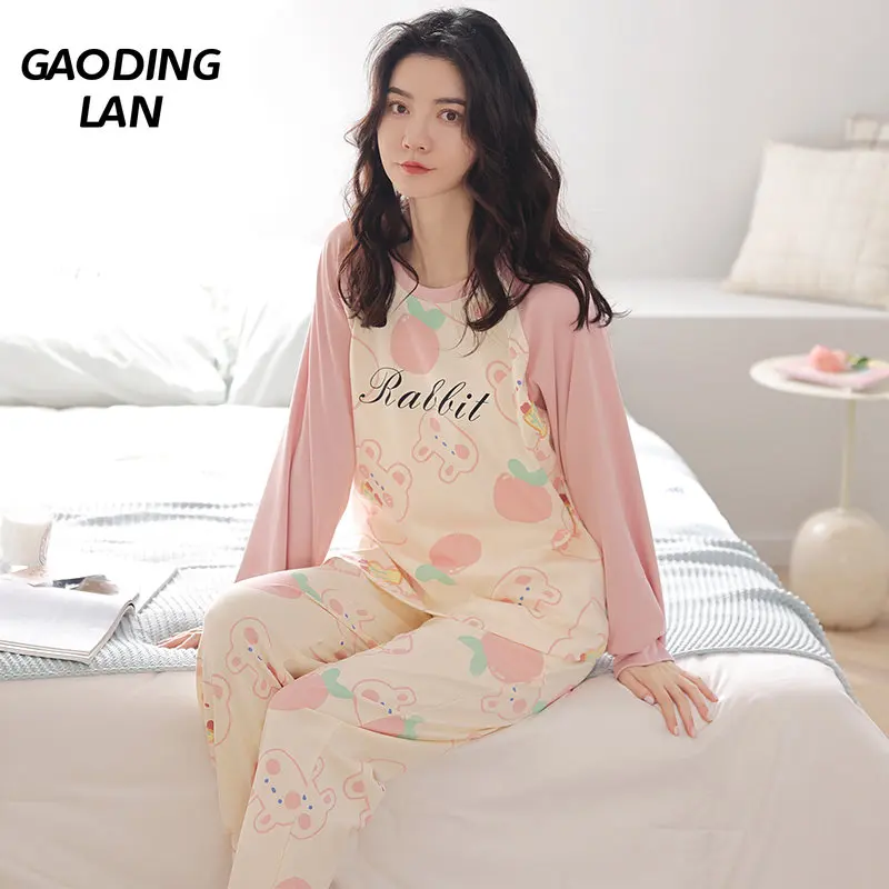 

Spring Autumn Women Long Sleeve Sweet Cartoon Print Pajamas Set Pure Cotton Sleepwear Suit Female O Neck Pyjamas Leisure Wear