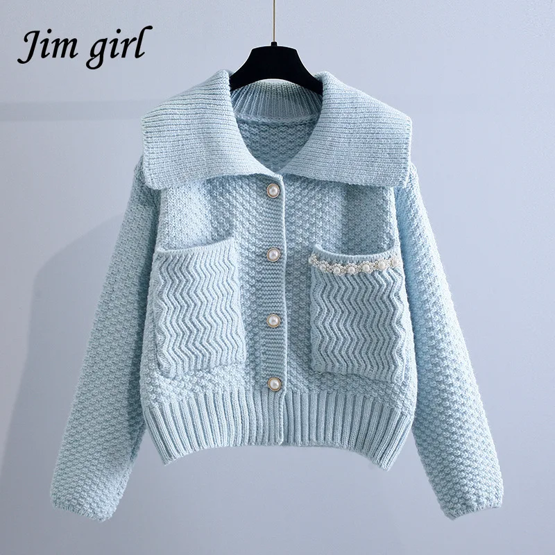 

Japanese Sweet Lolita Pearl Knitted Sweater Women Peter Pan Collar Single Breasted Cardigan Autumn Preppy Style Loose Outerwear