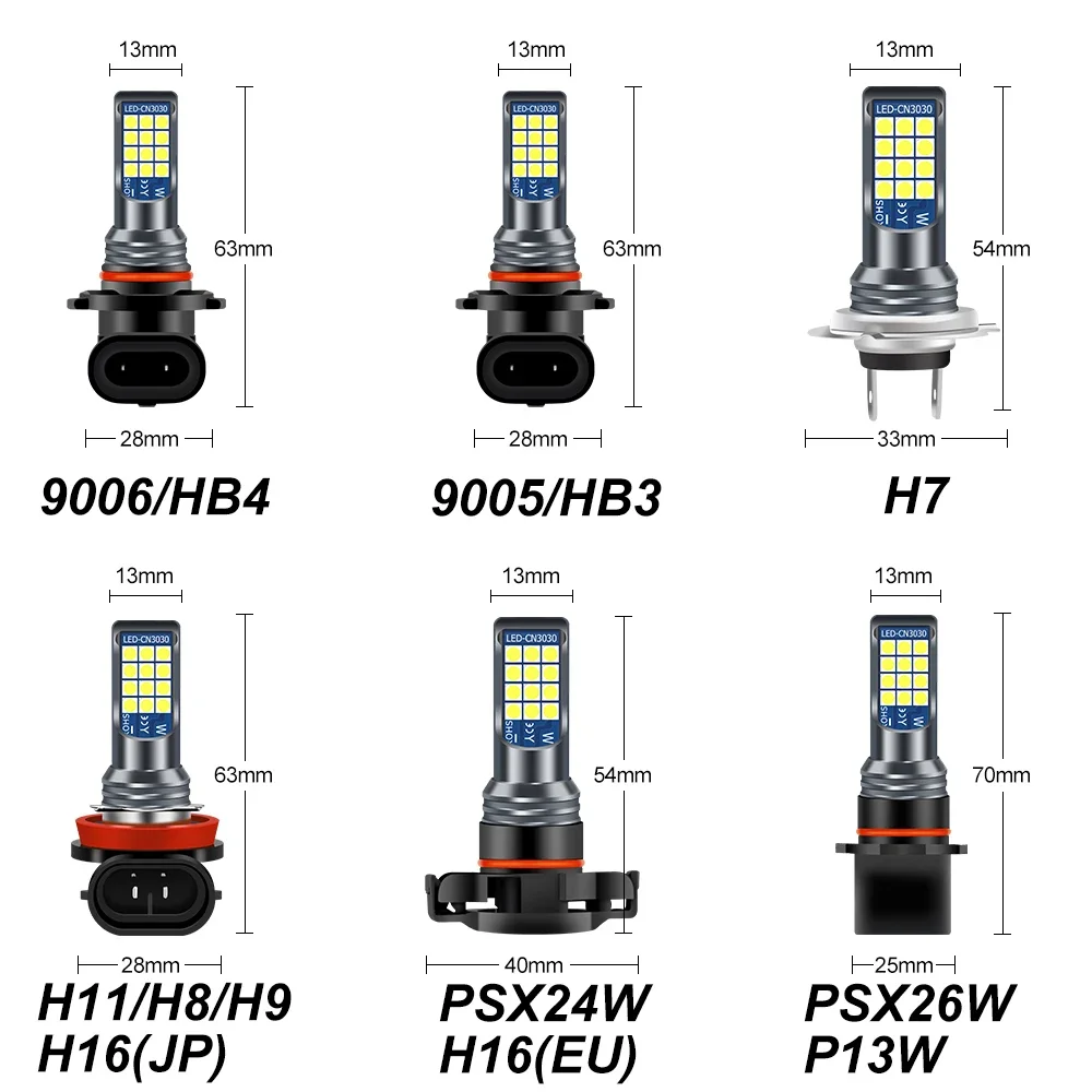 Car Fog Lights Bulb H11 H8 9006 HB4 HB3 H16 H10 PSX24W PSX26W P13W 2x 2400LM 6000K White Driving Running Lamp Auto Leds led light led bulb led fog light fog and headlight bulbs