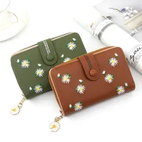 Women Long Wallets 2021 Fashion Design Embroidery Daisy Card Holder Large-Capacity PU Coin Purse Simple Zipper Money Bag Wallets 2
