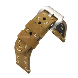 Vintage Thick Genuine Leather Watch Strap Bracelet with Pin Buckle - 22mm (Light Brown)
