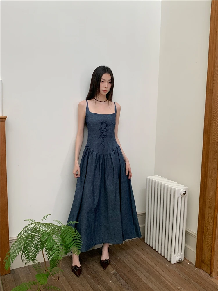 CHEERART Dragon Blue Long Denim Dresses Women 2024