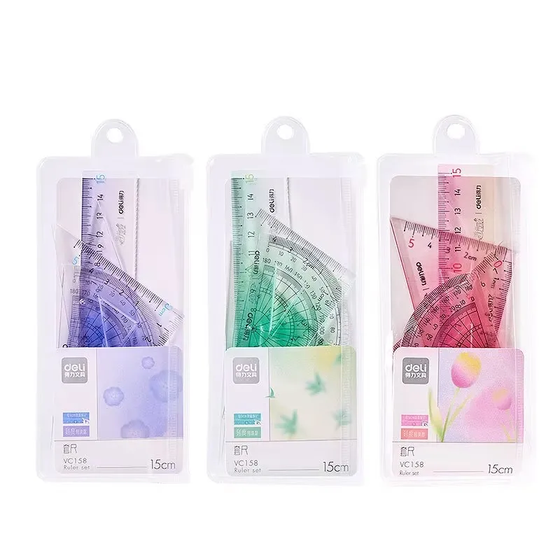 델리 귀여운 그라데이션 자 세트 4 in 1 다기능 조합 자 삼각자 각도기 어린이 학생용 드로잉 문구