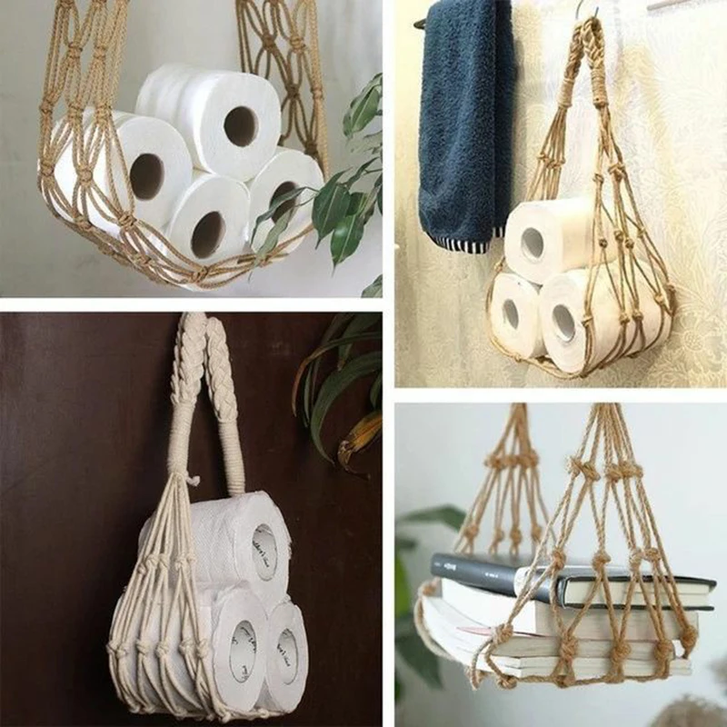 

Hanging Cotton Rope Holder For Toilet Paper Magazine Books Holder Home Hotel Storage Bag Wall Mounted Pocket Rack Bathroom Decor