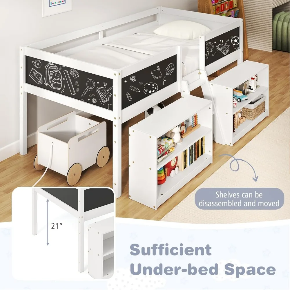 Children Beds, Low Loft Twin Size, Wooden Loft Bed with Ladder Blackboard, 2-Step Ladder, 4 Chalkboards, 2 Moveable Bookcases 4