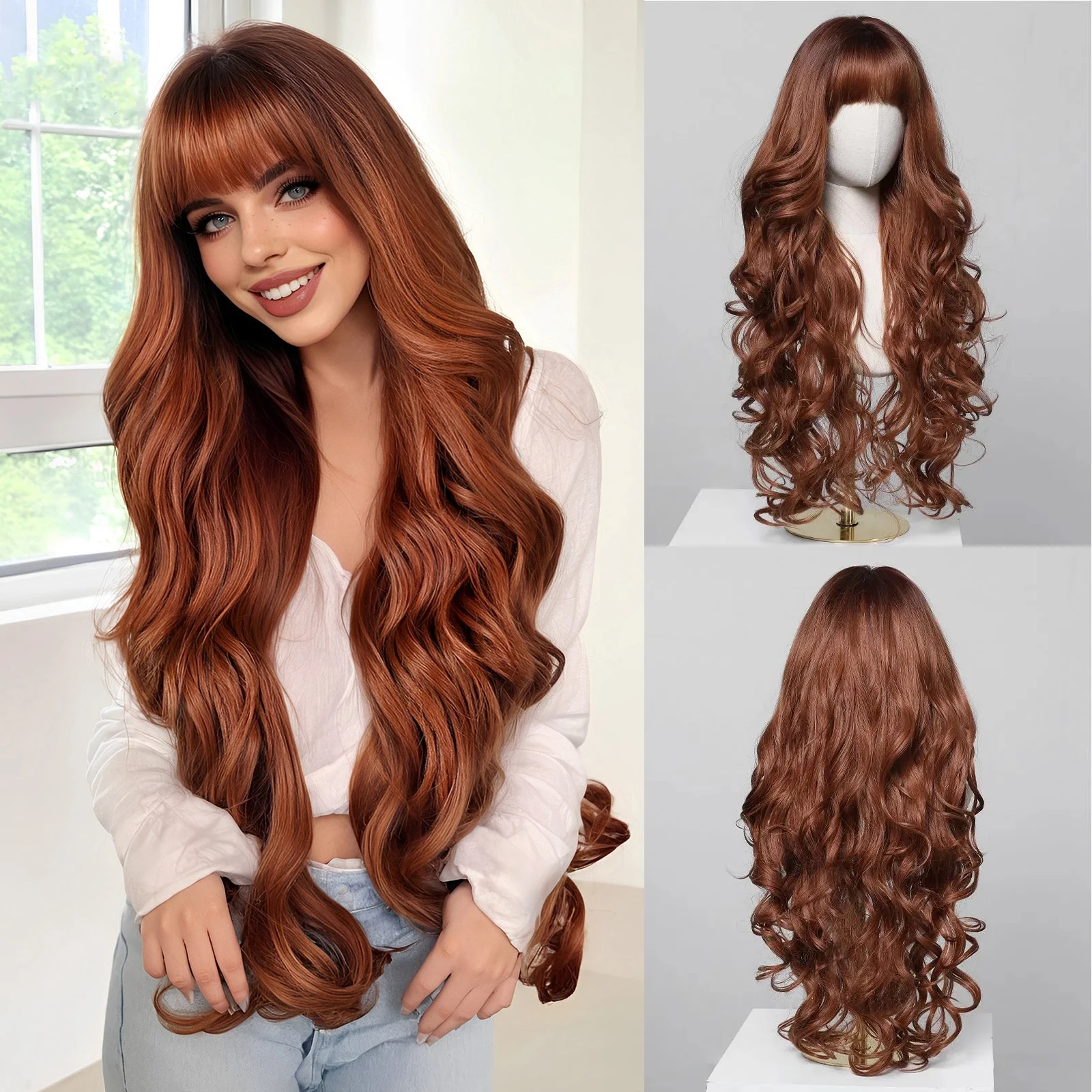 EASIHAIR ライトオレンジ合成かつらロング波状オンブル
