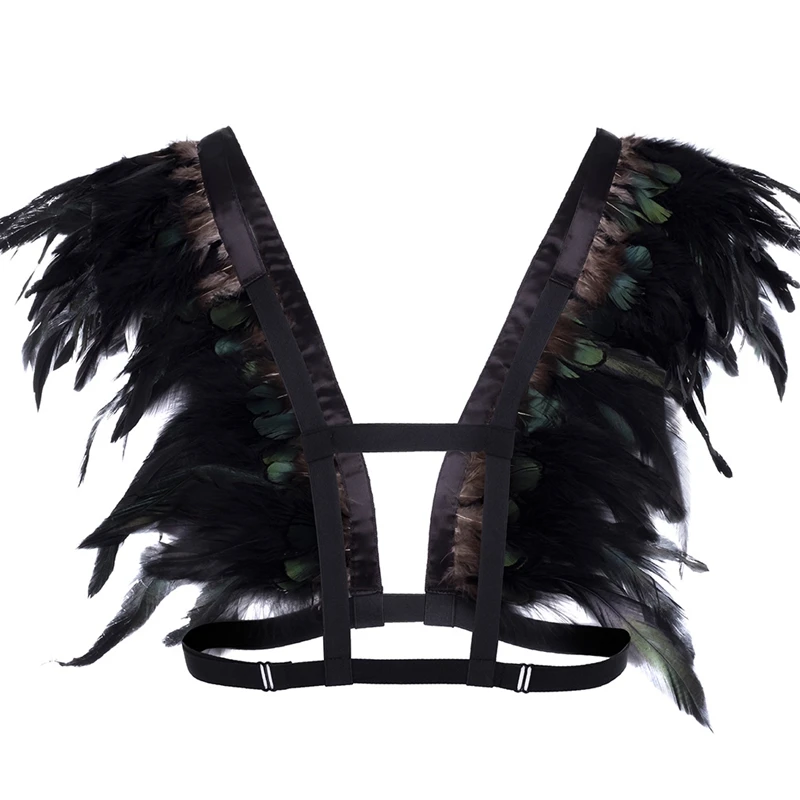 

BONDAGE STRAPPY Feather Epaulettes Body Harness Cage Bra Bondage Shoulder Wings BurningMan Goth Top Festival Dance Lingerie