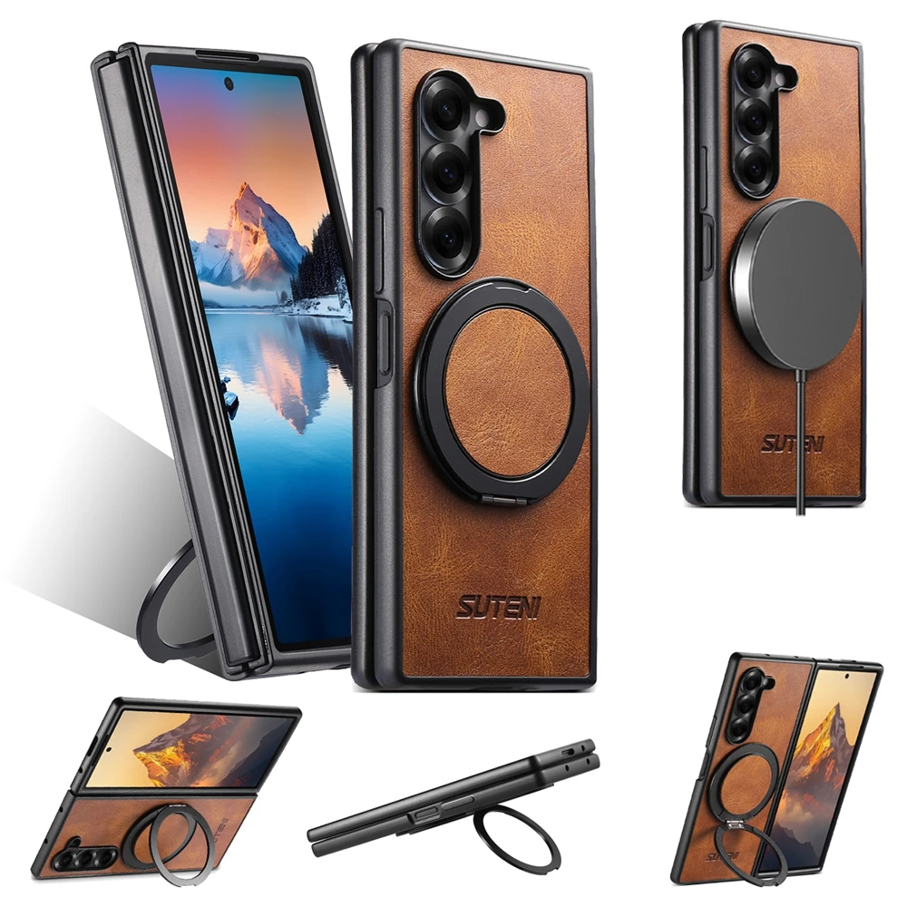 Leather Wallet Phone Case with Ring Bracket & Magnetic Kickstand - Wireless Charging Compatible