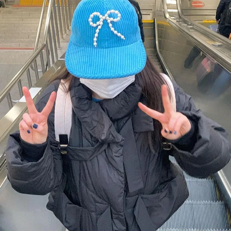 

Korean Version Handmade Pearl Bow Corduroy Flat Edge Baseball Hat Women's Autumn and Winter Sweet Warm Fashion Peaked Cap Gorras