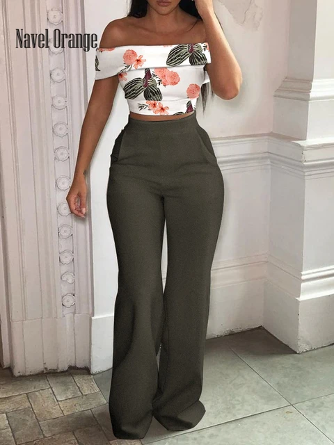 Conjuntos de ropa para mujer, Top corto elegante con cuello de barco, traje  de mujer con estampado de oficina, pantalones de pierna ancha, ropa de  calle 2022 - AliExpress