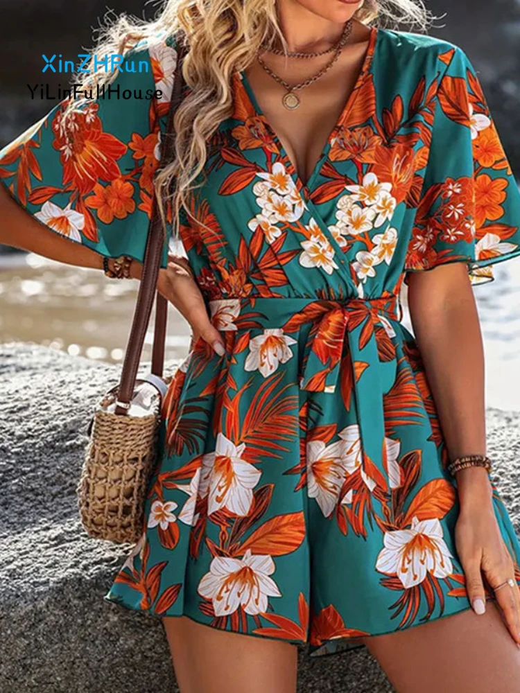 2024 Summer New Women Fashion Loose V-neck Lotus Leaf 3/4 Sleeve Lace Up Jumpsuit High Waist Beach Vacation Style 3/4 Pant Dress