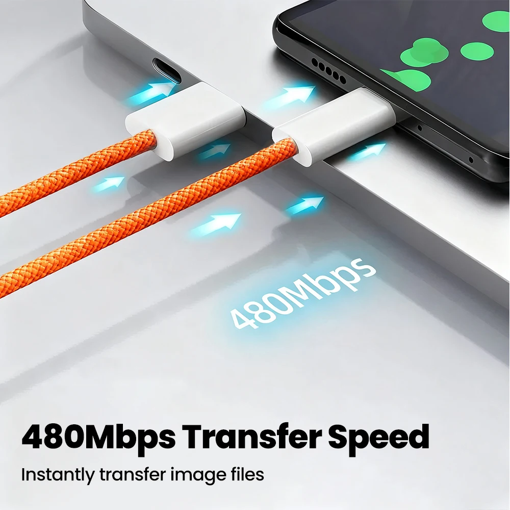 60W 고속 충전 데이터 케이블 퀵 차지 타입 C to 타입 C 오렌지 브레이디드 케이블 아이폰 15 16 17 삼성 듀얼 타입 C 케이블