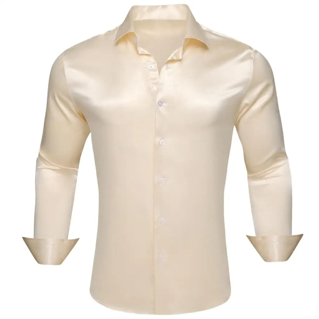 

Designer Shirts for Men Long Sleeve Beige Silk Satin Solid Male Bloues Regular Casual Slim Fit Clothing Barry Wang
