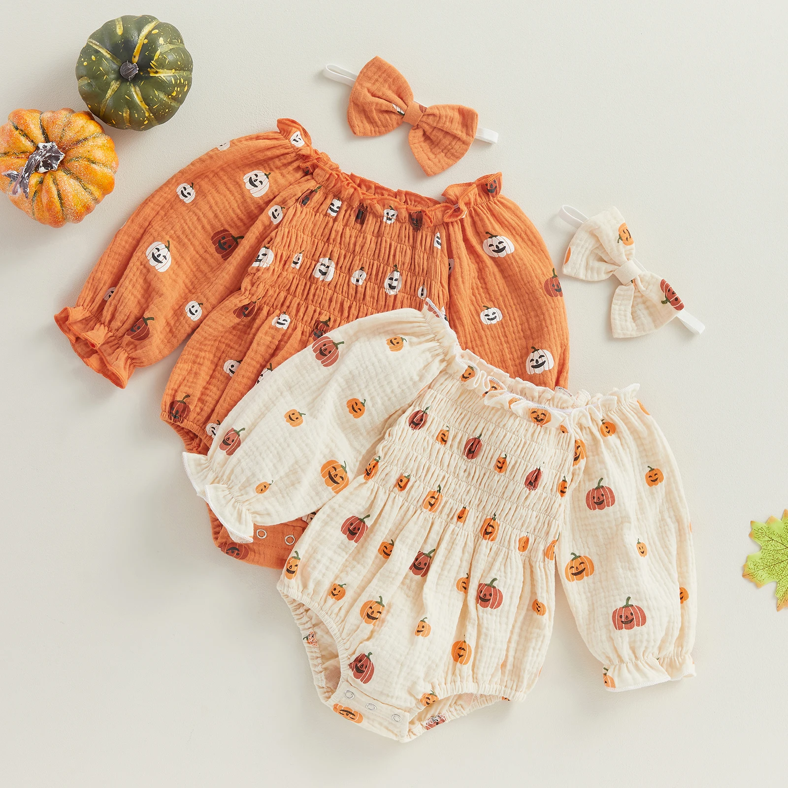 Citgeett Autumn Halloween Infant Baby Girl Jumpsuit Cartoon Pumpkin Print Off Shoulder Long Sleeve Bodysuit + Bow Headband 1