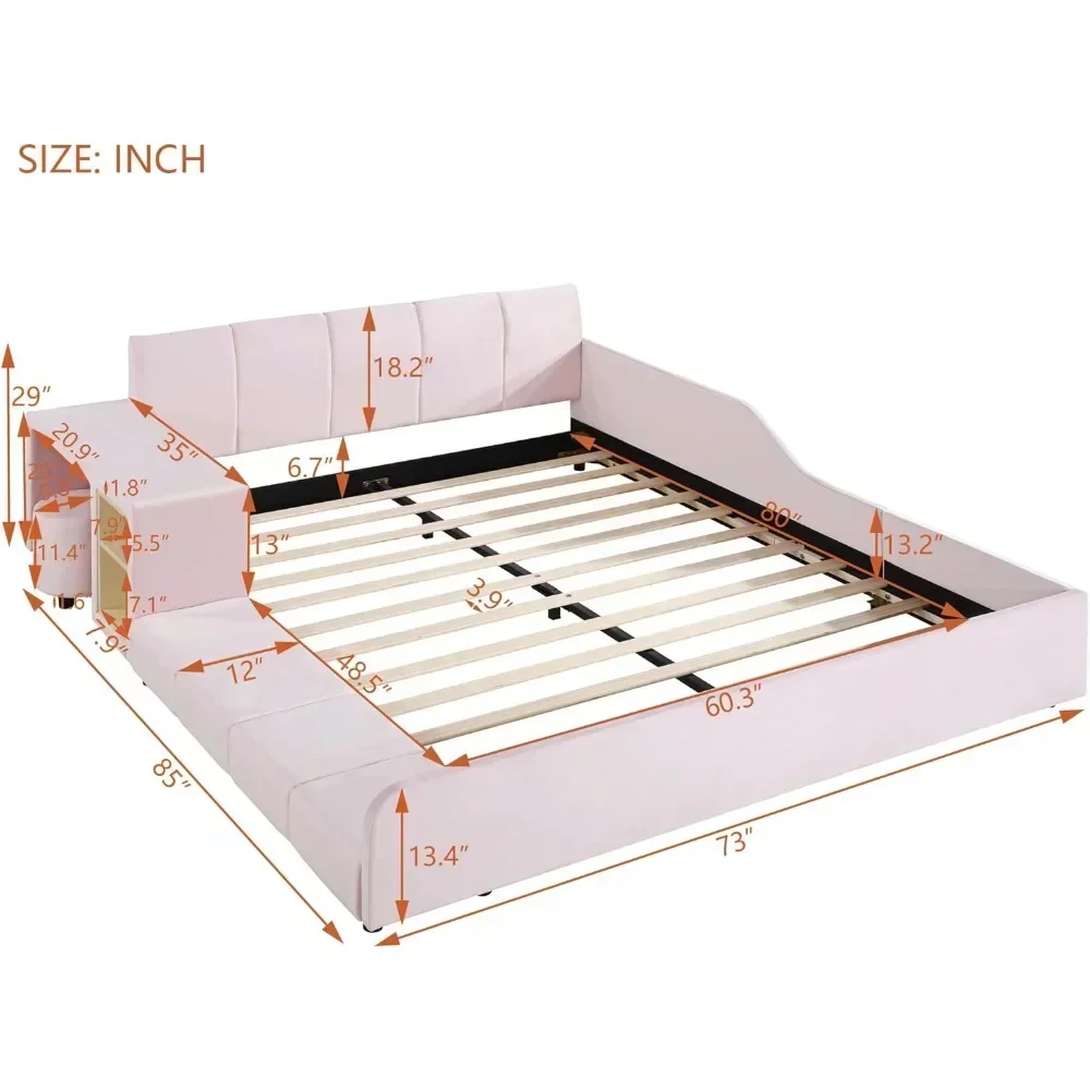 Upholstered Grounded Bed Platform Bed,with Bedside Desk and Little Round Stool Wooden Queen Size Mother & Child Bed Frame 3