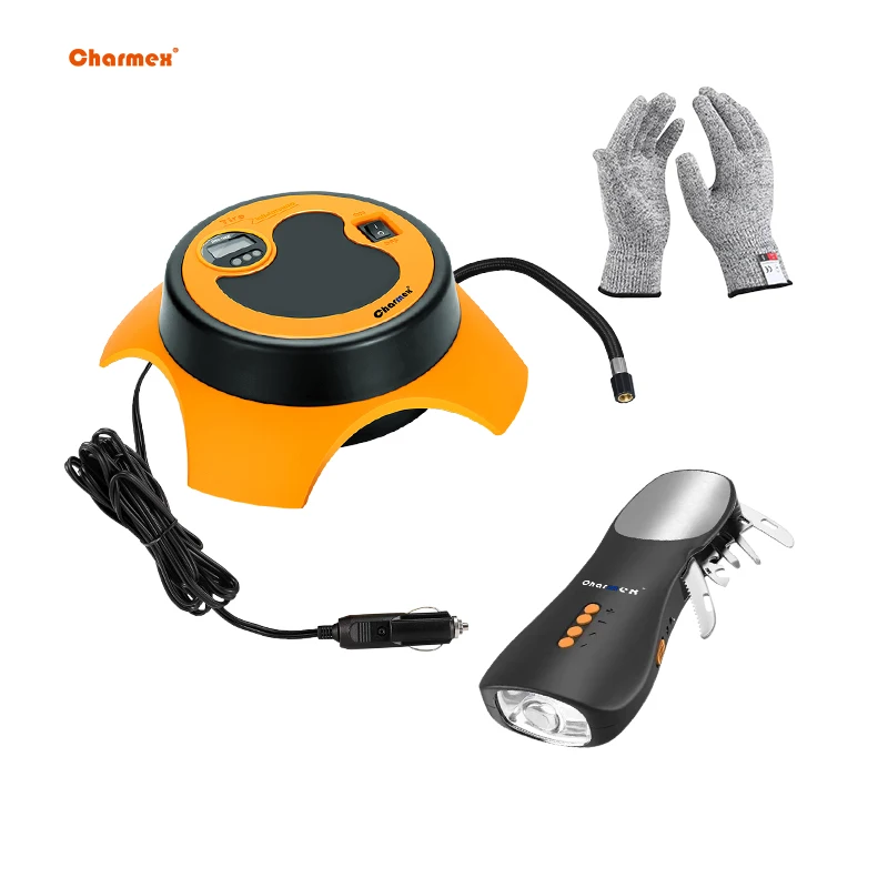 Charmex 다기능 차량 상자 안전 비상 도구 키트, 타이어 공기 펌프 비상 키트, 4 in 1