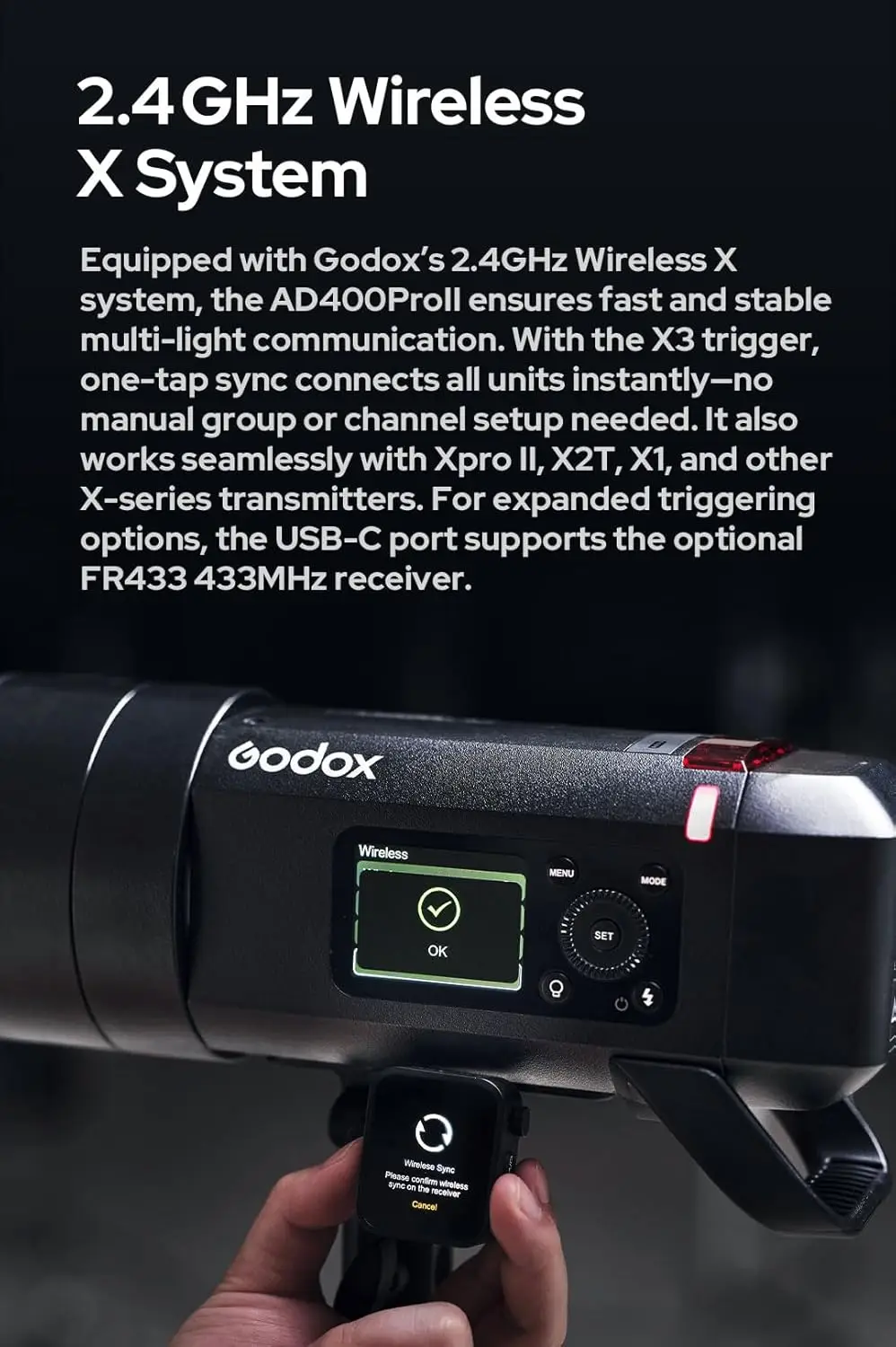 고독스 위스트로 AD400 프로 II AD400ProII 400Ws 야외 플래시, 30W 바이컬러 2800K-6000K, 2.4G 무선 X 시스템, TTL GN72 HSS 1/8000초