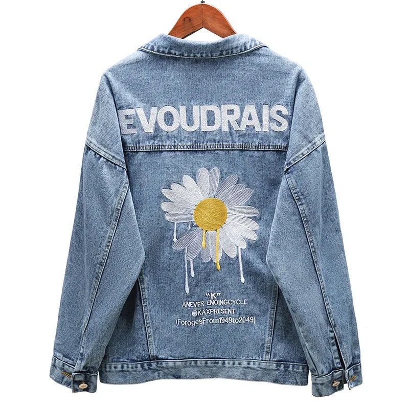 

Women Denim Jacket Autumn Vintage Casual Loose Korean Style Daisy Embroidery BF Trendy BF Female Jeans Coat Outwear Outfits