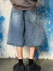 Summer Men Bodybuilding Embroidered Shorts Jeans Male Wide Leg Knee Length Retro Denim Pants Loose Graffiti Drawstring Pants 5