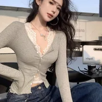 Slim Fit V-Ne Long Sve Knitted Open Cardigan ort Sle Casual Wear ey Color Blo Layering Women's T-irt for Autumn