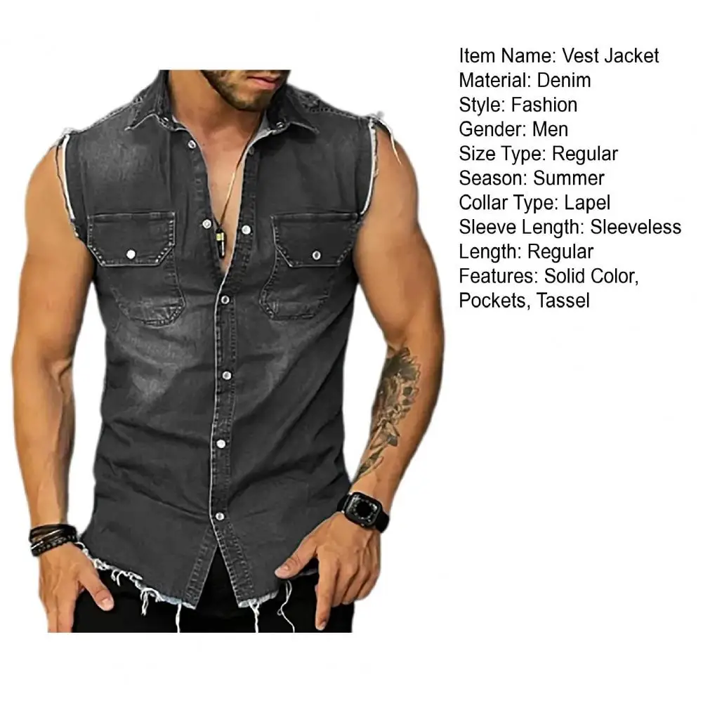 Trendy Vest Coat Sleeveless 3D Cutting Slim Fit Denim Vest Jacket  Shrink Resistant Denim Jacket Daily Clothing