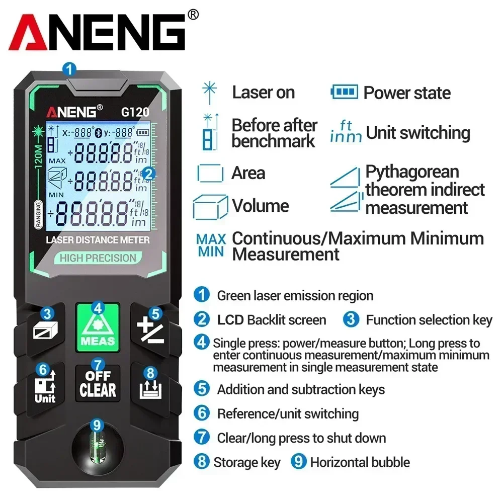 Laser Tape Measure ANENG G120 Laser Distance Meter 40M/70M/100M/120M Rangefinder Electronic Ruler Useful Measurement Tool