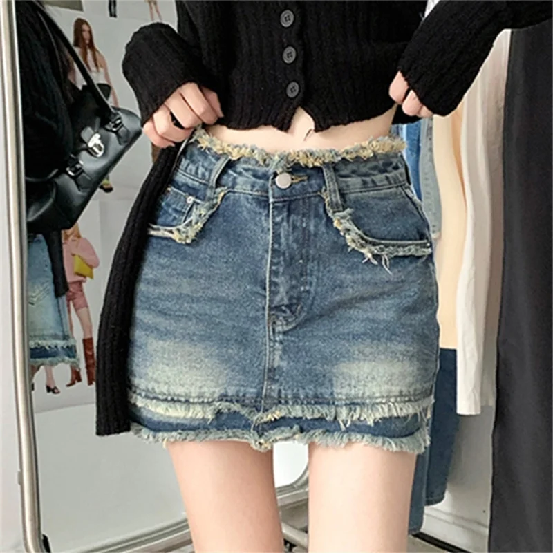 

Hsa 2023 Women Fashion Vintage Denim Mini Skirts Y2K Summer Fur-line Tassel Pockets Jeans Skirts Streetwear Jeans Shorts Skirts