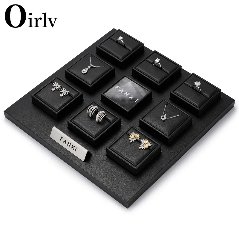 

Oirlv Black Leather Jewelry Display Organizer Props Ring Pendant Necklace Holder Jewelry Rack Display Stand Sets Showcase