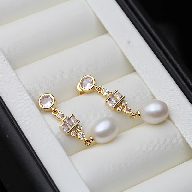 Orecchini pendenti con perle bianche d'acqua dolce naturali vere da sposa, orecchini placcati in oro con perle naturali per le donne, moglie, regalo di compleanno