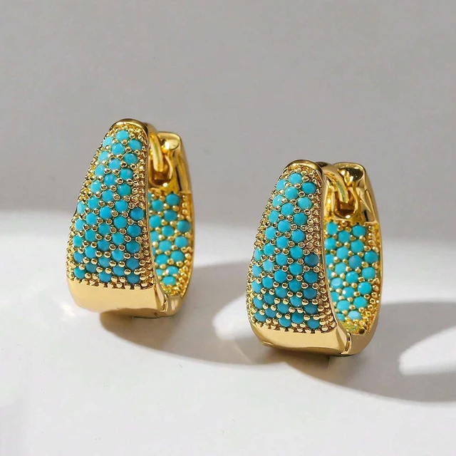 Uilz 2PCS Creative Colored Cubic Zirconia U Shaped Flower Turquoise Design Hoop Earrings For Women Fashion Party Jewelry Gift 1