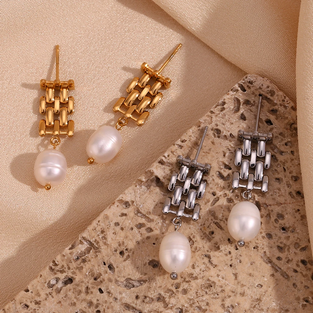 Watch Chain Egg Shape Pearl Pendant Stud Earring Gold