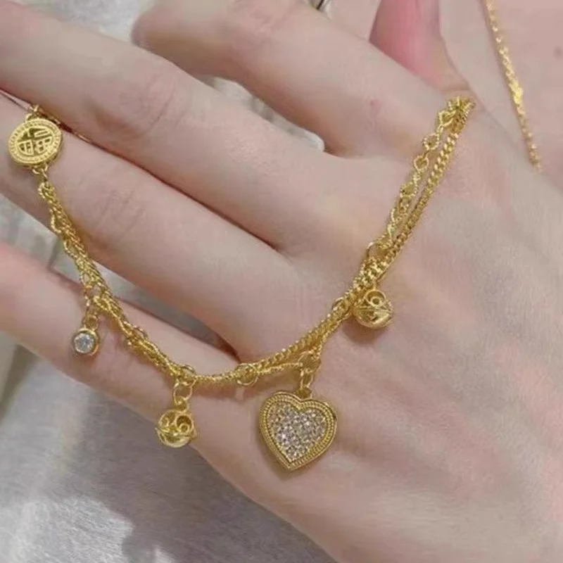 Double Layer Chain Gold Color Love Heart Zircon Pendants Bracelet  Charm Vintage Valentine's Day Jewelry Gifts for Women Lovers