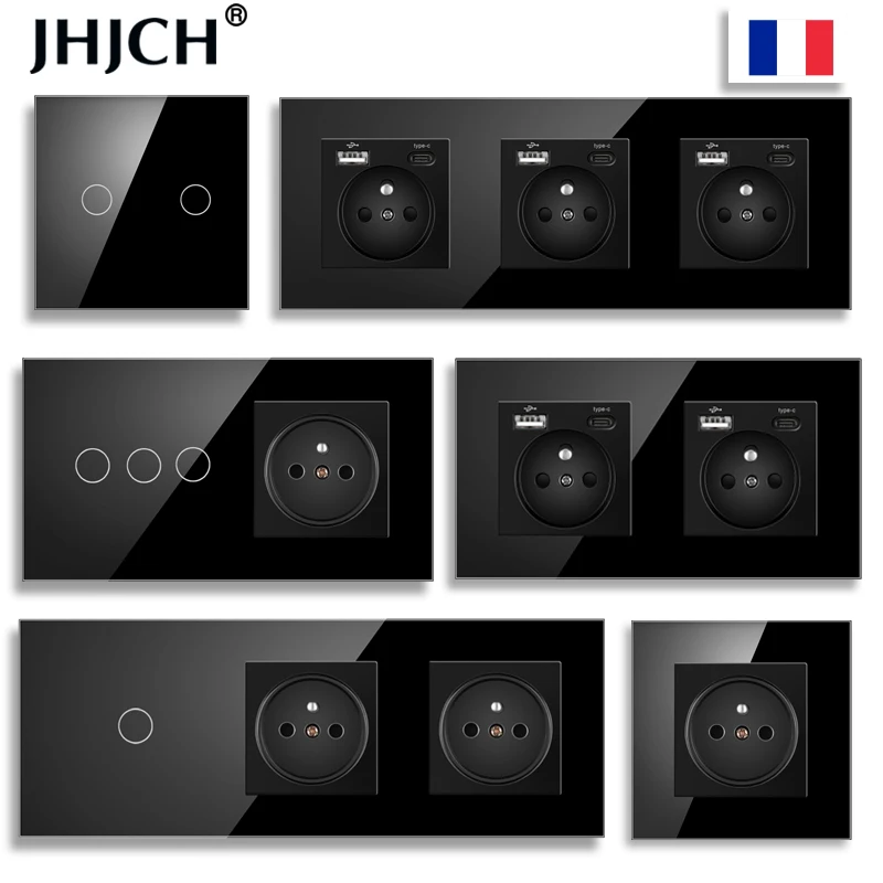 JHJCH Touch Light Switch ฝรั่งเศสซ็อกเก็ต USB C ชาร์จโทรศัพท์แก้วคริสตัล 1/2/3 Gang Wall Switches ซ็อกเก็ตคู่สีดํา 1